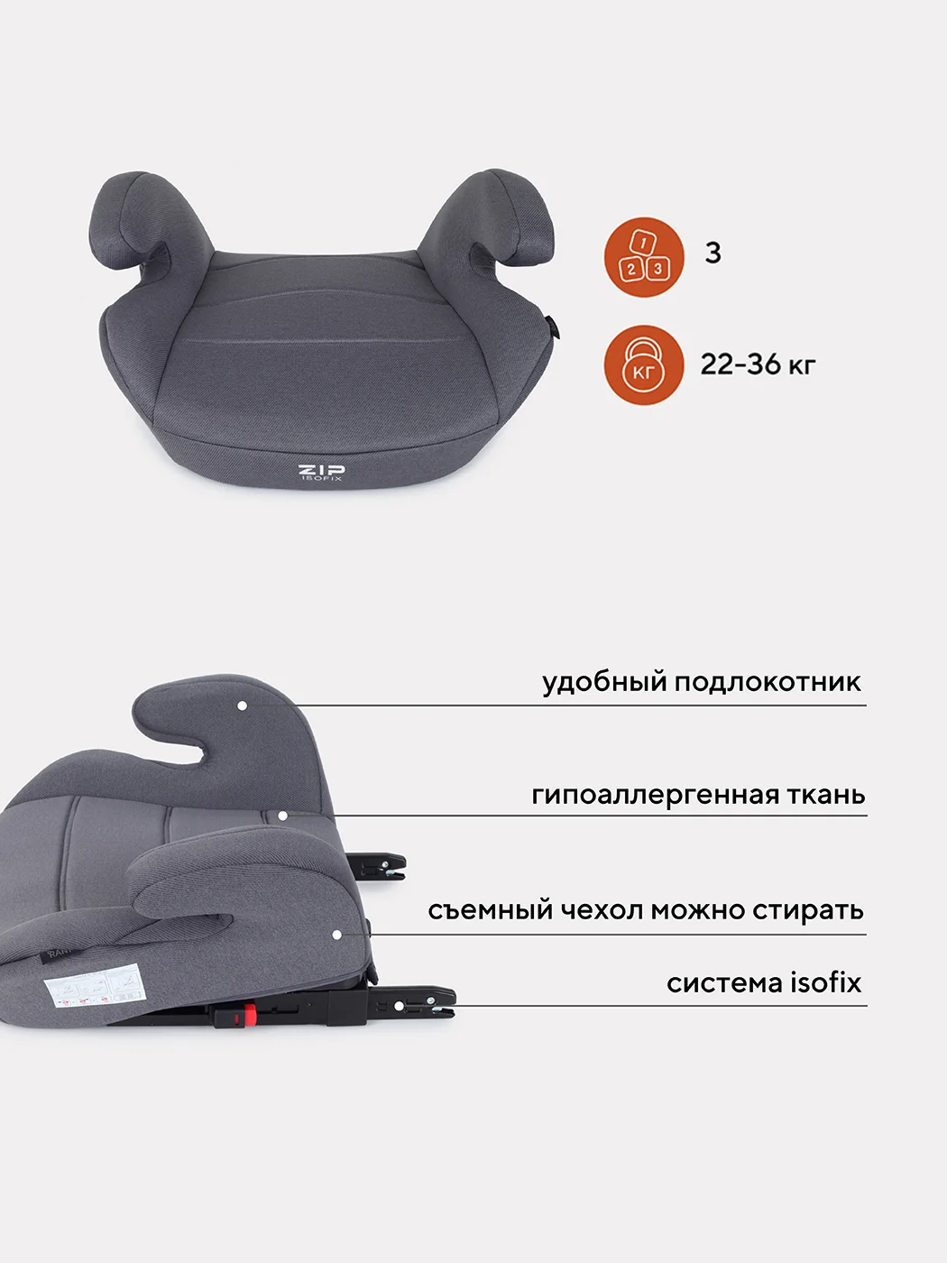 Серый автокресло RANT ZIP Isofix группа 3 22-36 кг