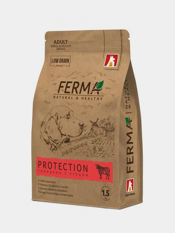 Сухой корм для собак FERMA PROTECTION Говядина с рубцом, для мелких и средних пород, 1,5кг