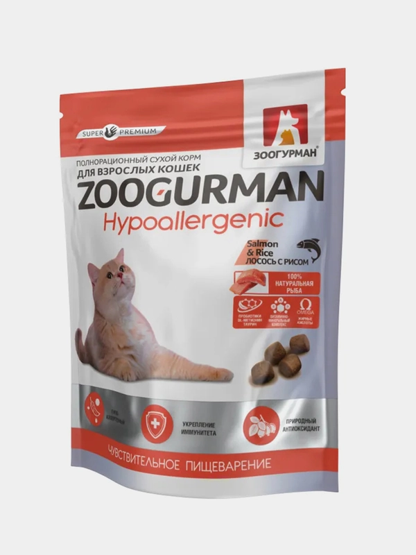 Полнорационный сухой корм для кошек Zoogurman, Лосось с рисом, 1,5 кг