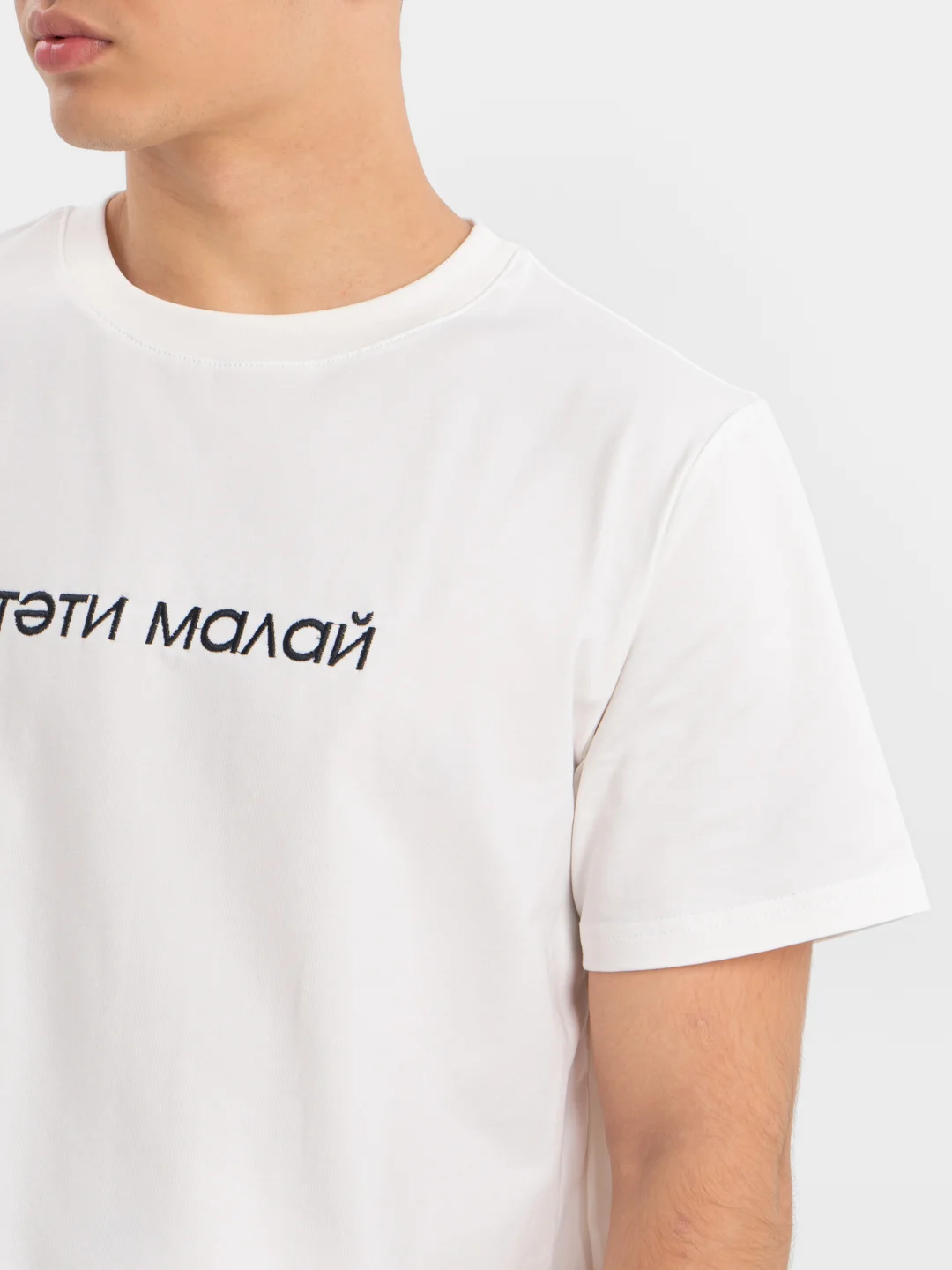 Молочный футболка мужская с татарским принтом, с вышивкой