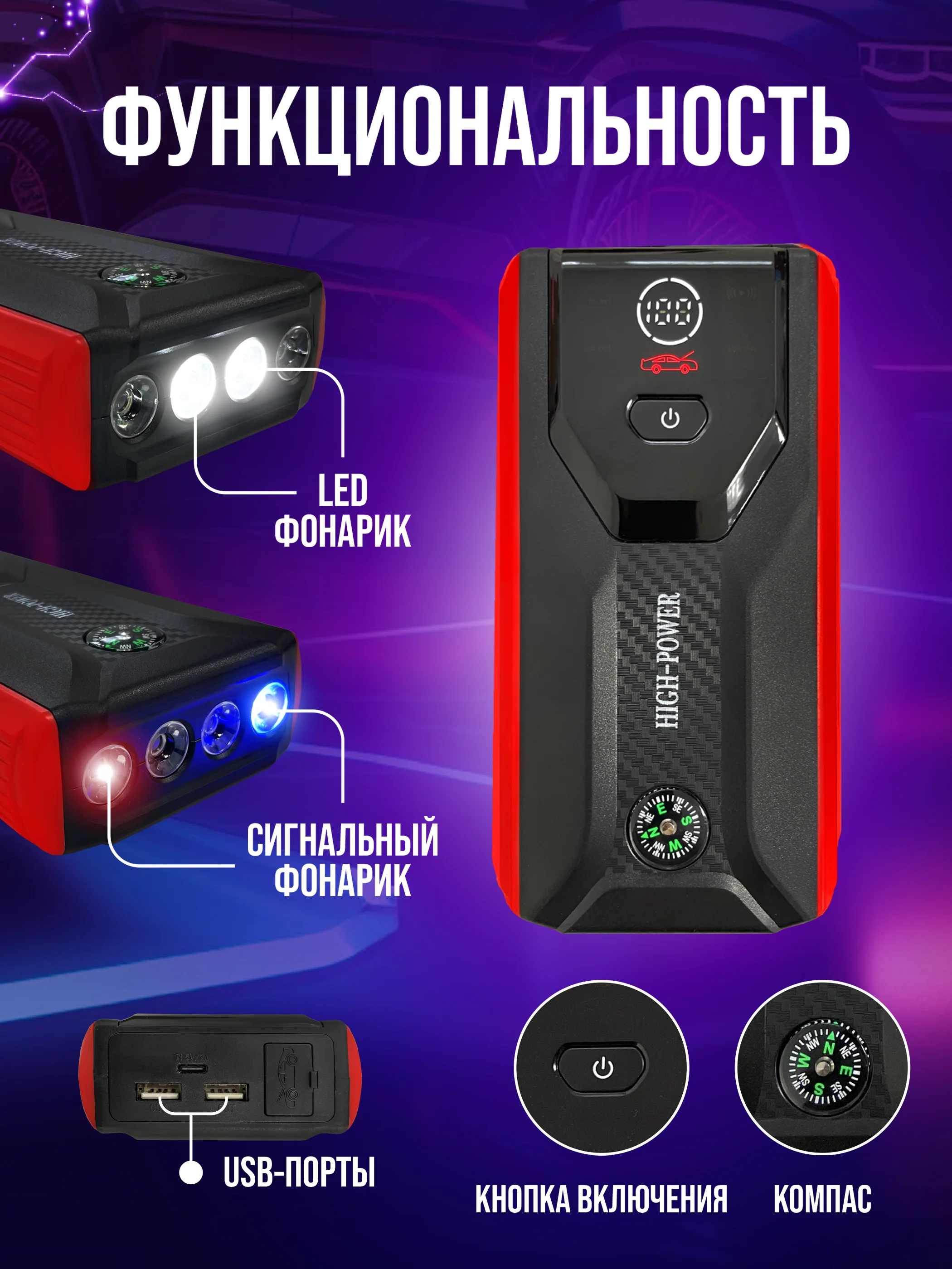 Красный пусковое зарядное устройство для автомобиля - 28 000 мАч, Jump Starter, бустер-пускач