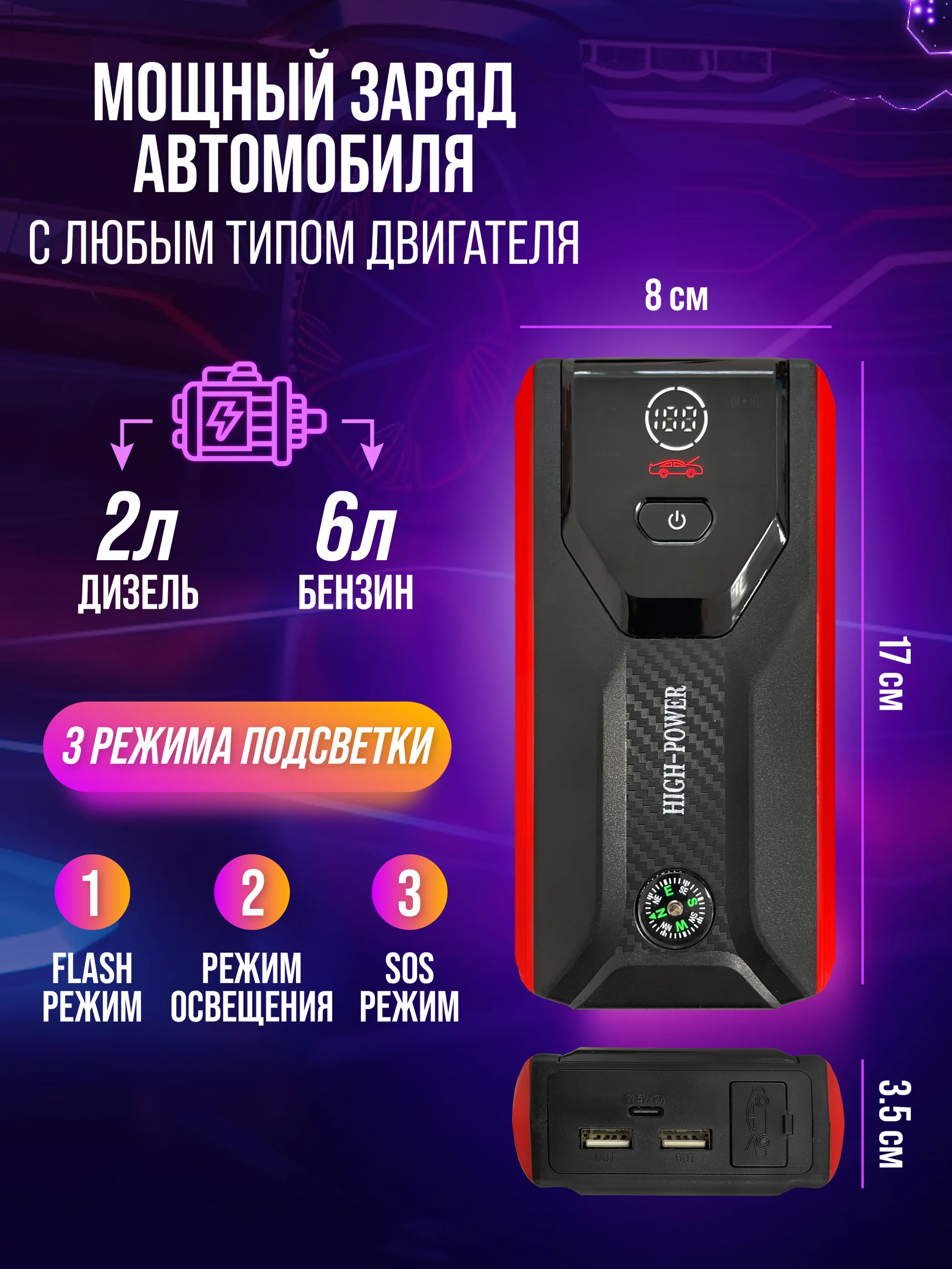 Красный пусковое зарядное устройство для автомобиля - 28 000 мАч, Jump Starter, бустер-пускач