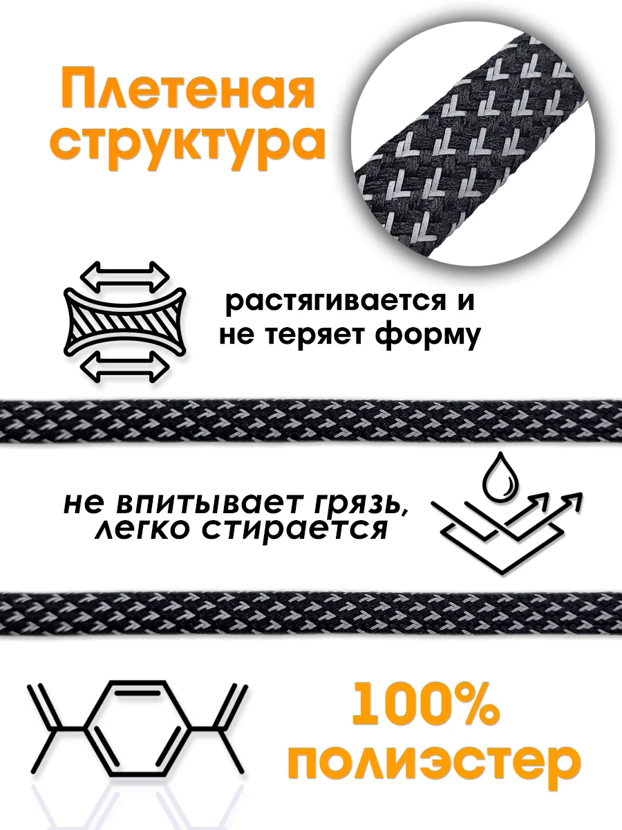 Черный шнурок для одежды плоский светоотражающий