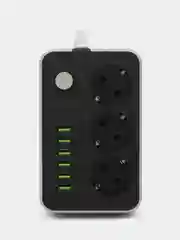 Черный сетевой фильтр-удлинитель 6 USB A, 3 розетки, быстрая зарядка 4.1А, 1.8 метров, черный