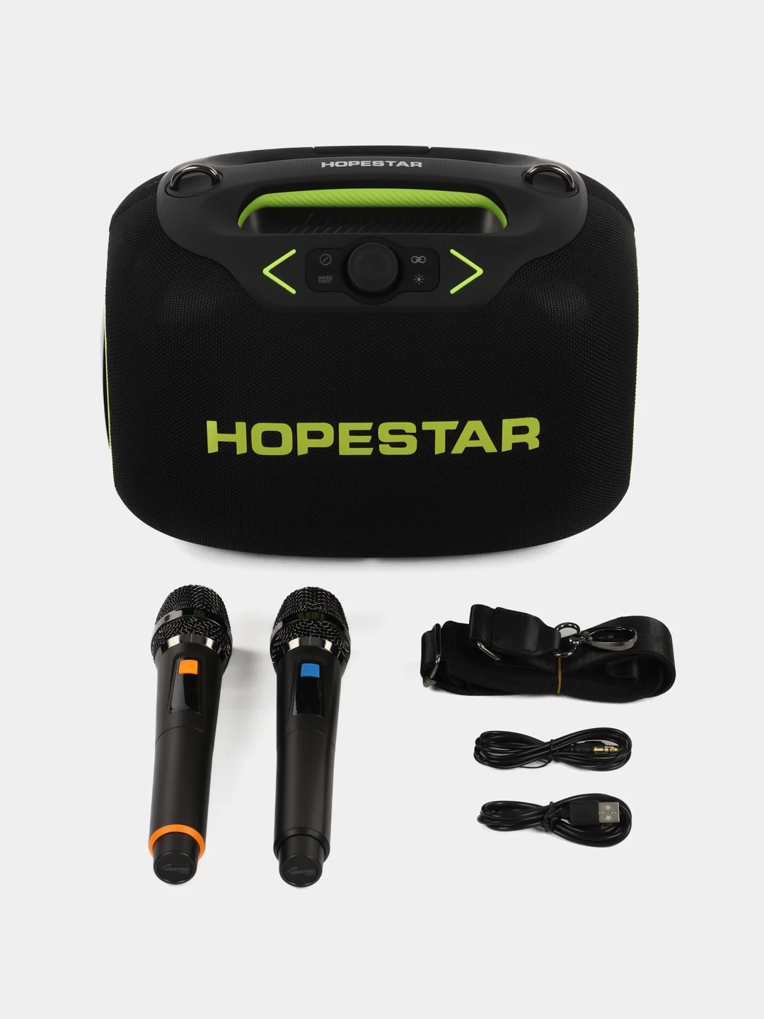 Черный портативная Bluetooth колонка HOPESTAR Party Box c двумя микрофонами и RGB подсветкой