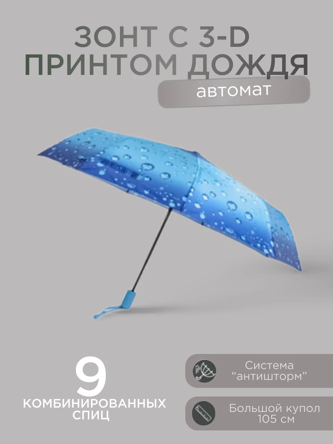 Синий автоматический женский зонт с 3D принтом дождя 6 цветов