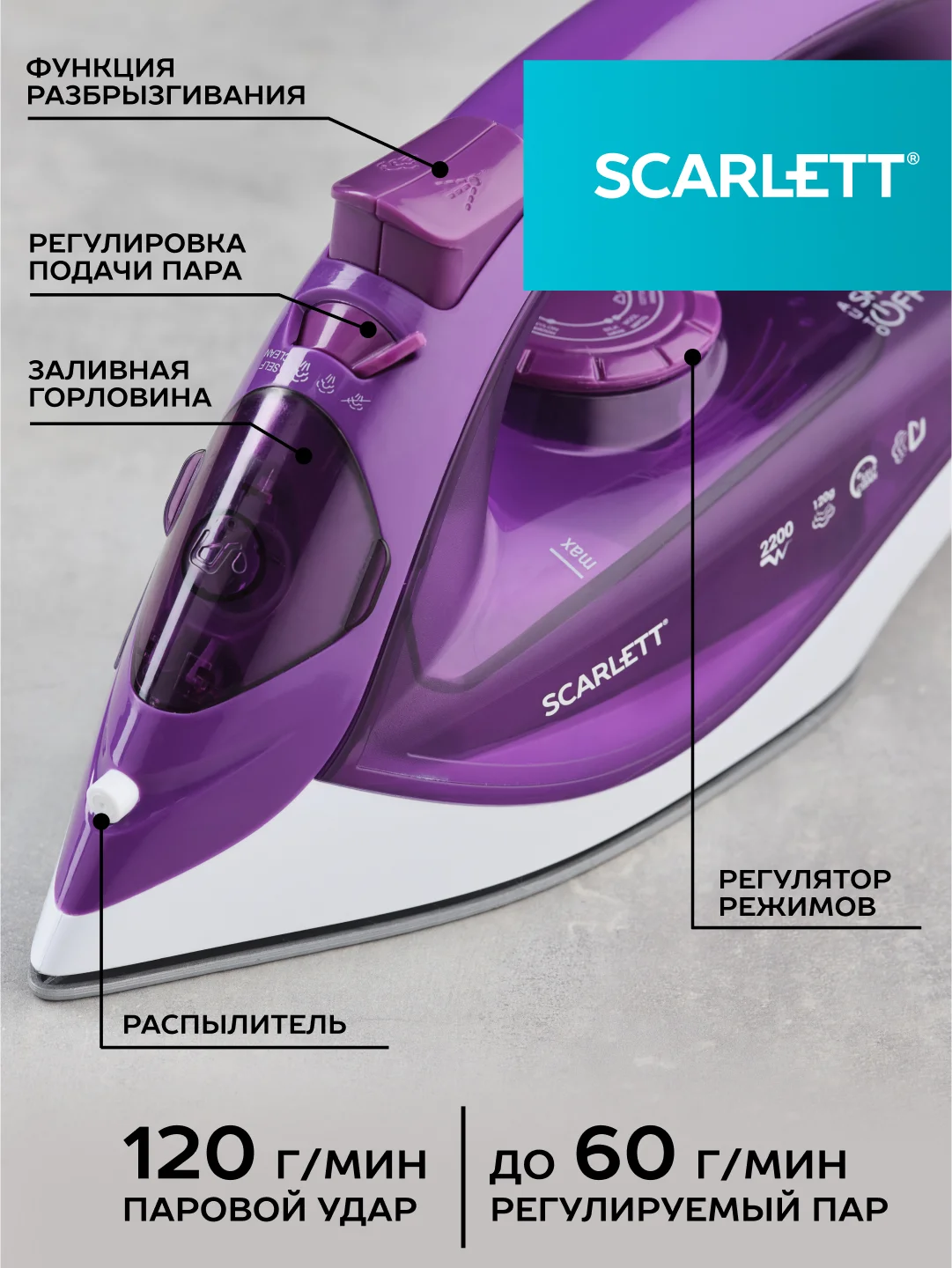 Утюг SCARLETT SC-SI30K51, керамическое, 2200 Вт, фиолетовый