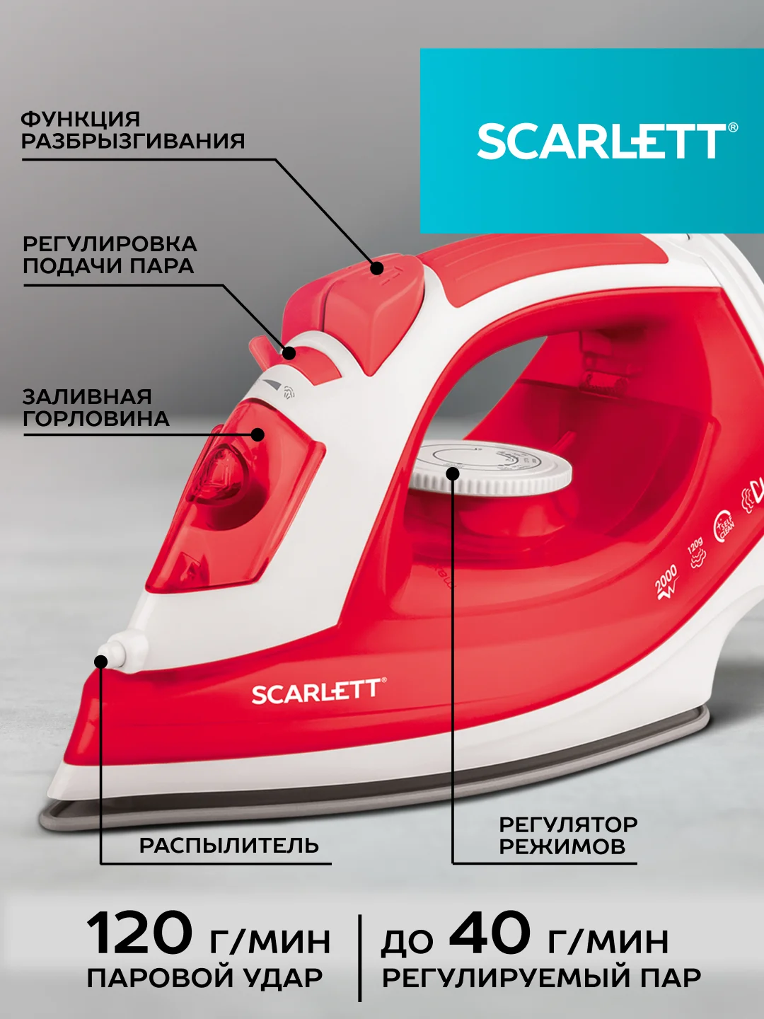 Утюг SCARLETT SC-SI30P15, антипригарное, 2000 Вт, красный