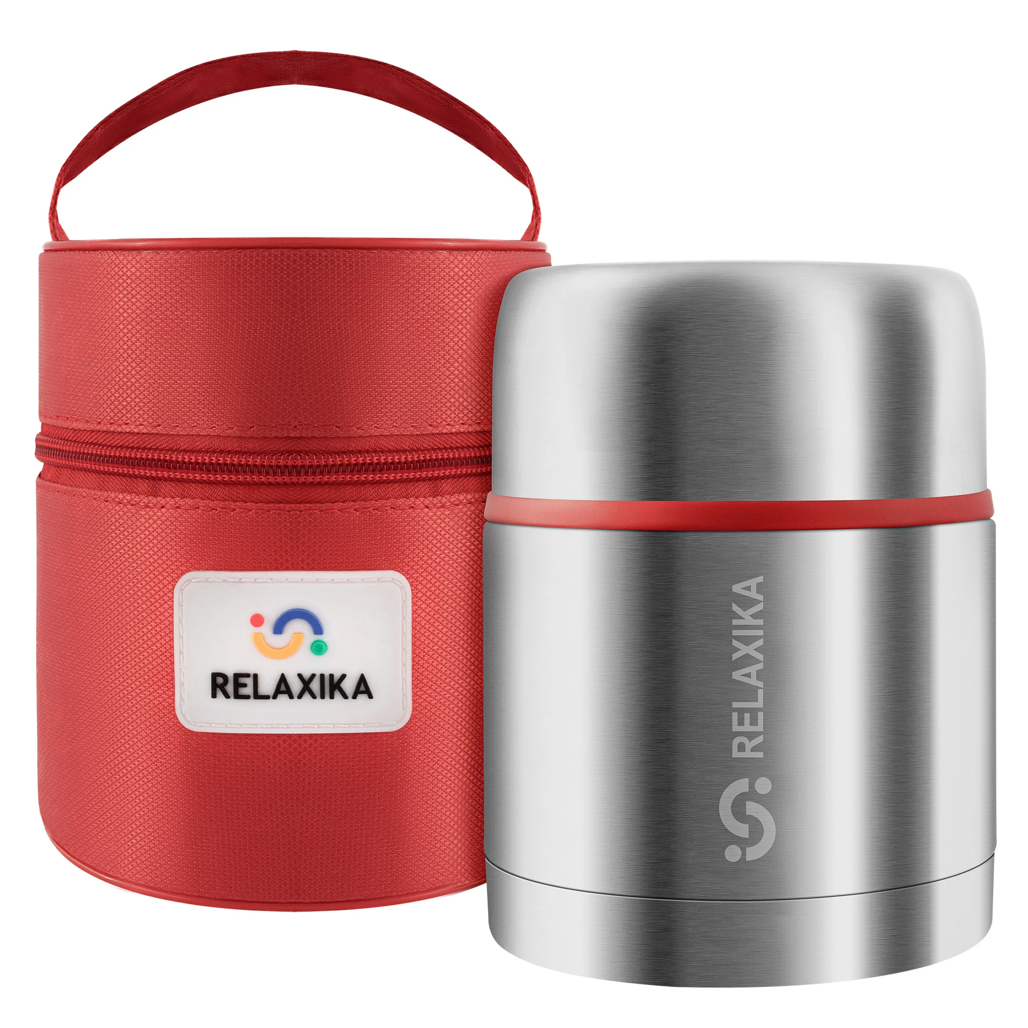 Серебряный термос для еды и супа с широким горлом Relaxika 0,5 литра в чехле, R301.500.1P Релаксика