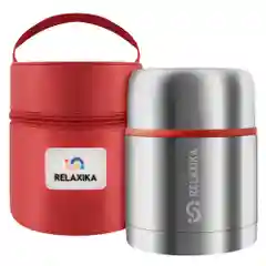 Серебряный термос для еды и супа с широким горлом Relaxika 0,5 литра в чехле, R301.500.1P Релаксика