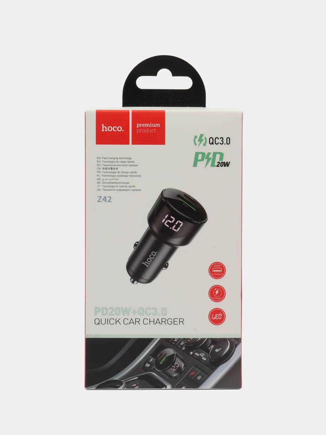 Черный автомобильное зарядное устройство Hoco Z42 Light Road 1xUSB, 1xUSB-C, 3А, PD20W, QC3.0,LED