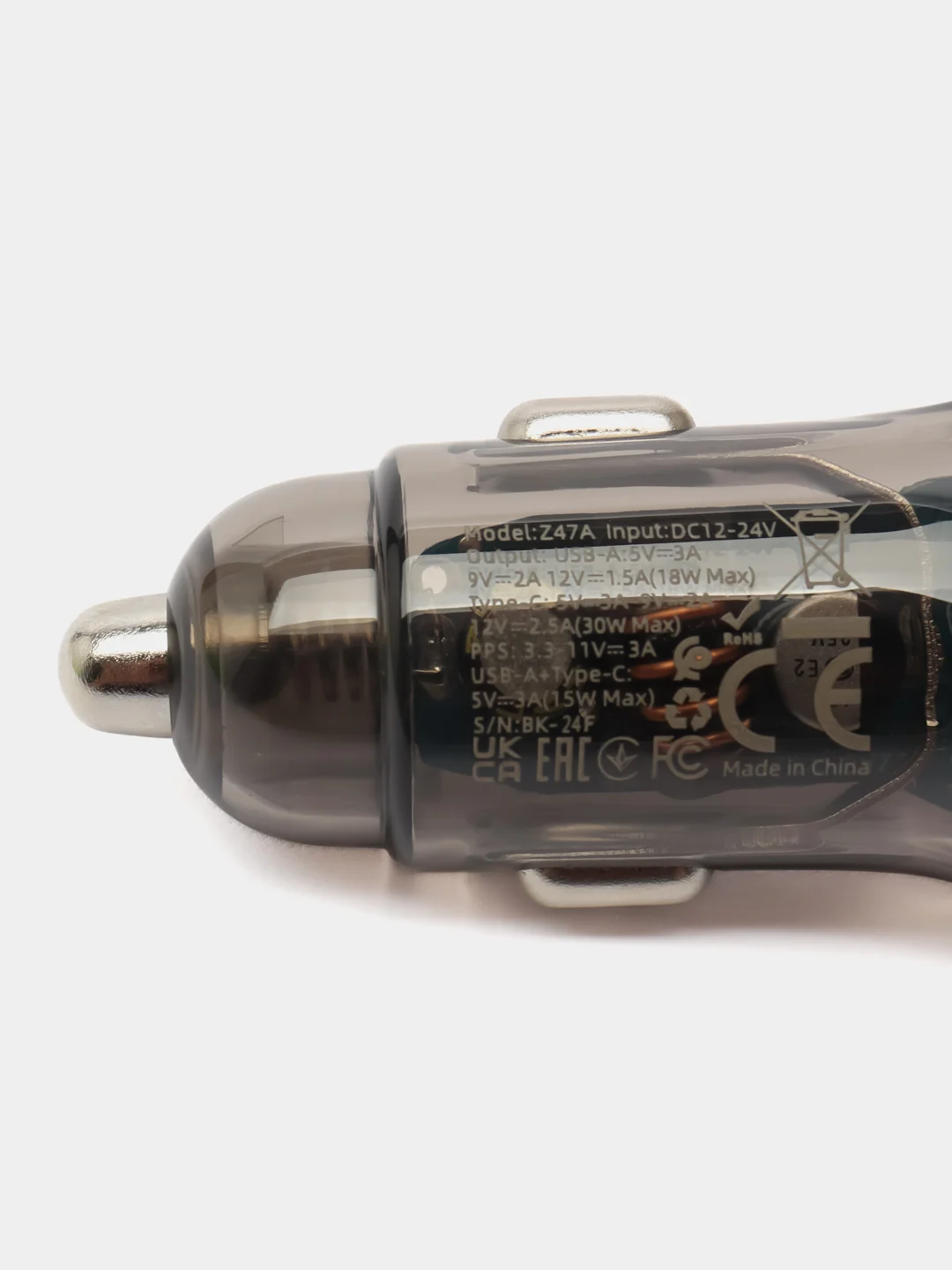 Черный автомобильное зарядное устройство Hoco Z47A Transparent 1xUSB, 1xUSB-C, 3А, PD30W, QC3.0