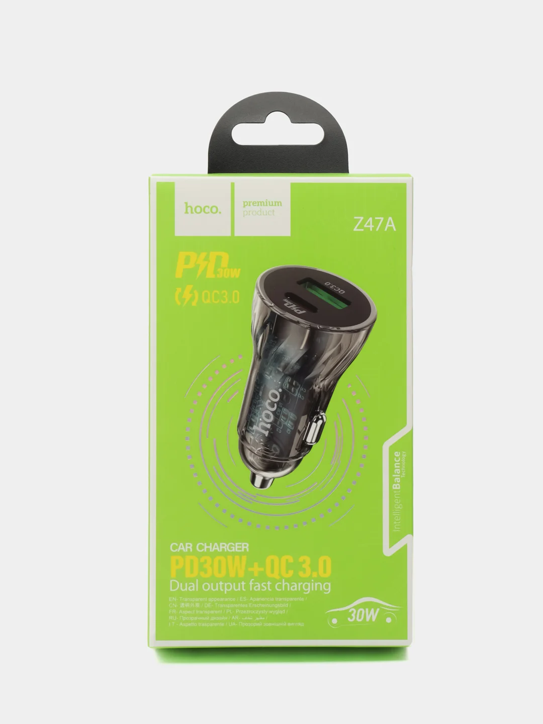 Черный автомобильное зарядное устройство Hoco Z47A Transparent 1xUSB, 1xUSB-C, 3А, PD30W, QC3.0