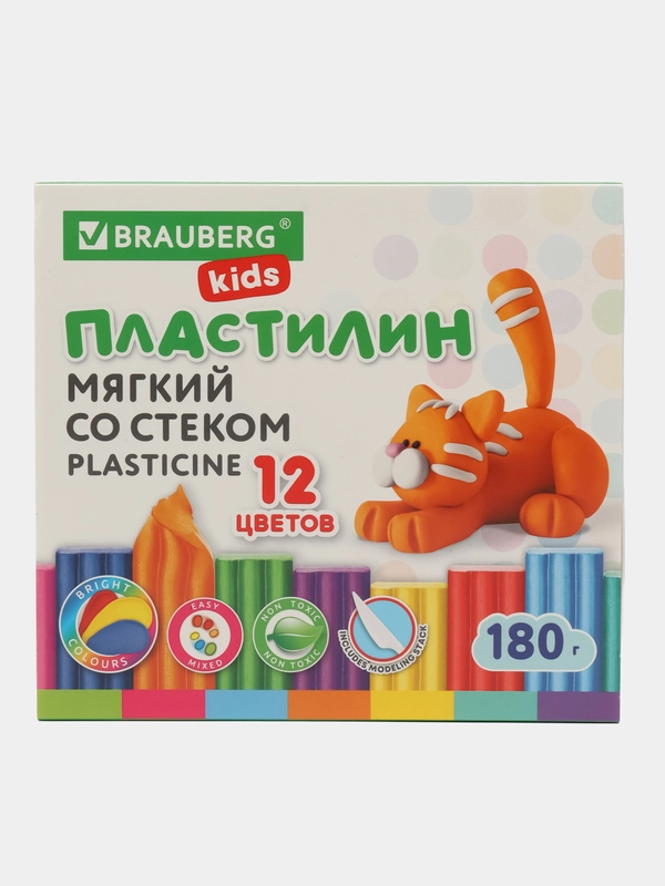 Пластилин восковой Brauberg Kids, 106495, набор 12 цв для лепки детский, 180 г, со стеком