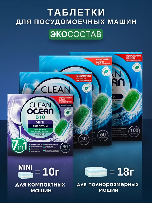 Таблетки и мини таблетки для посудомоечной машины Бесфосфатные ЭКО Ocean Clean 30,60,100шт
