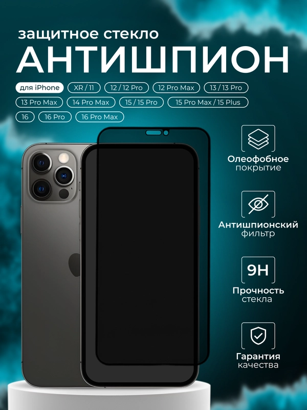 Защитное стекло Антишпион для iPhone 11 12 13 14 15 16 Pro Plus Max  X XS 8 Plus 7