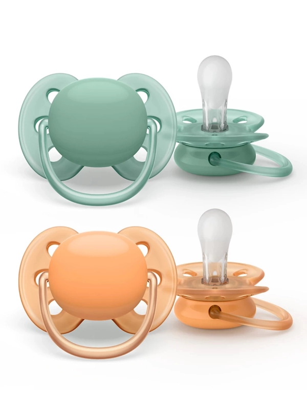Силиконовая пустышка Philips Avent SCF091/03 Ultra Soft, 2 шт, 0-6 мес., оранжевый/зеленый