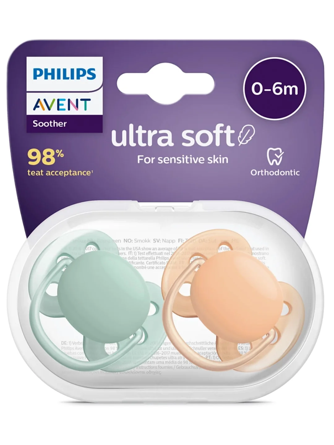 Силиконовая пустышка Philips Avent SCF091/03 Ultra Soft, 2 шт, 0-6 мес., оранжевый/зеленый
