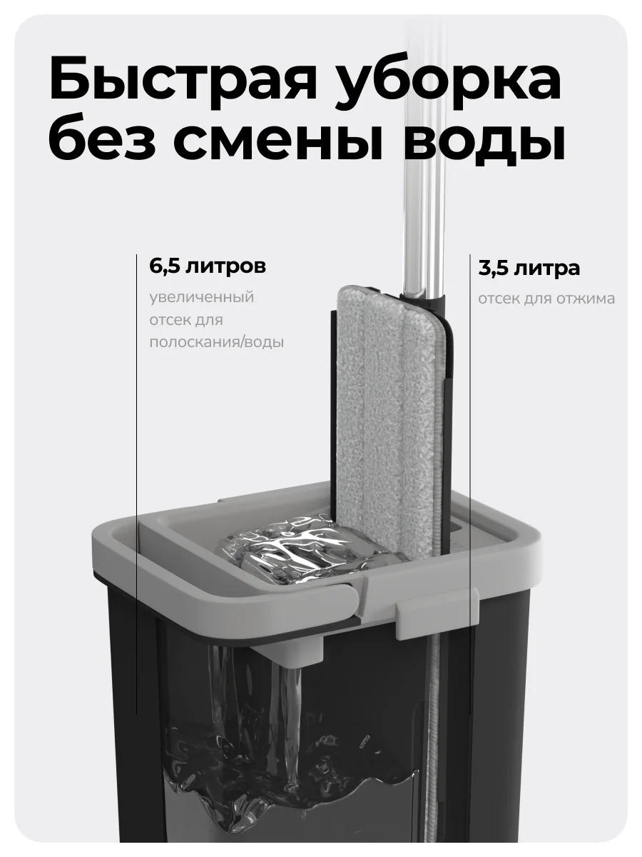 Черный швабра с отжимом и ведром M, 10 л