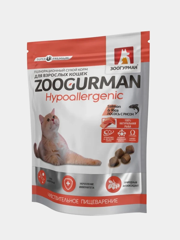 Полнорационный сухой корм для кошек Zoogurman Лосось с рисом, 350 г