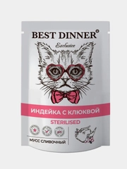 Влажный корм для кошек Best Dinner Sterilised Мусс сливочный, Индейка с клюквой, 85г, 24шт