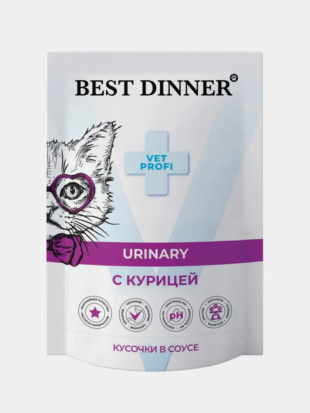 Влажный корм для кошек Best Dinner Vet Profi Urinary, кусочки в соусе, Курица, 85г, 24шт