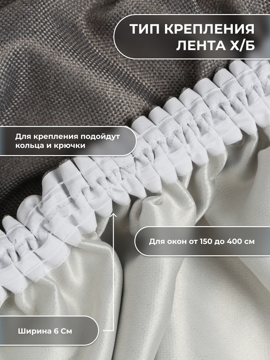 Шторы Блэкаут Рогожка 250Х400 Серые, Комплект из 2-х полотен, Крепление Лента