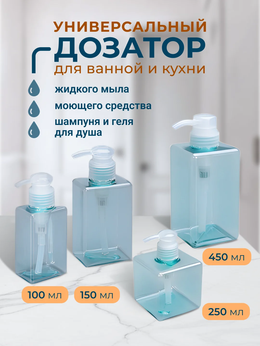 Бирюзовый дозатор для жидкого мыла моющего средства на кухню для ванной