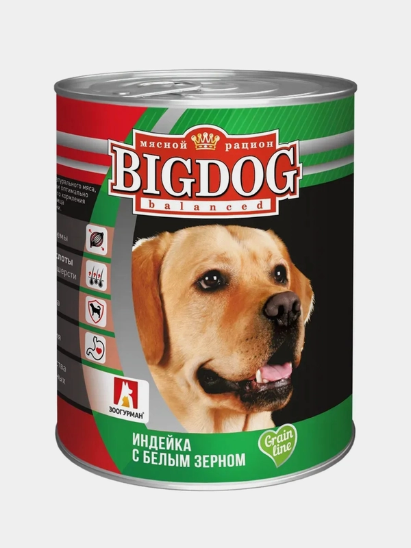 Влажный корм для собак BIG DOG Индейка с белым зерном, 850г