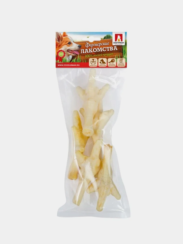 Лакомство для собак Зоогурман "Фермерские Лакомства", лапы куриные, светлые, 5 штук, 60 г