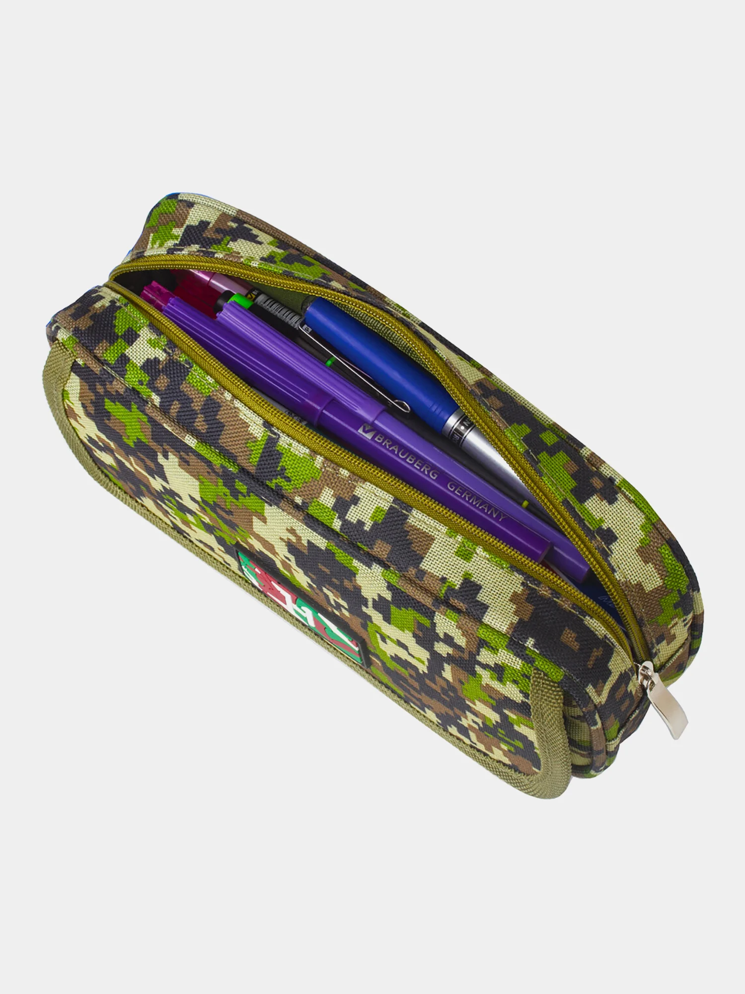 Пенал школьный Brauberg, 1 отделение, органайзер, мягкий, Military, зеленый, 21х5х9 см