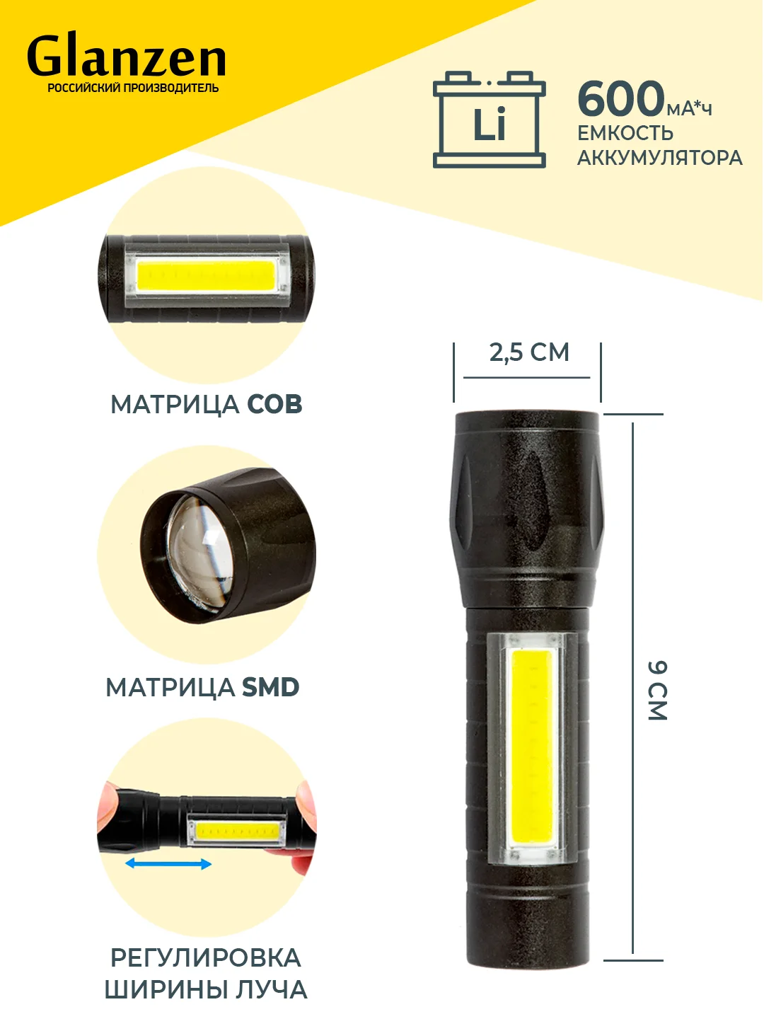 Черный светодиодный ручной аккумуляторный с 3 режимами USB фонарь GLANZEN UFL-0300-511
