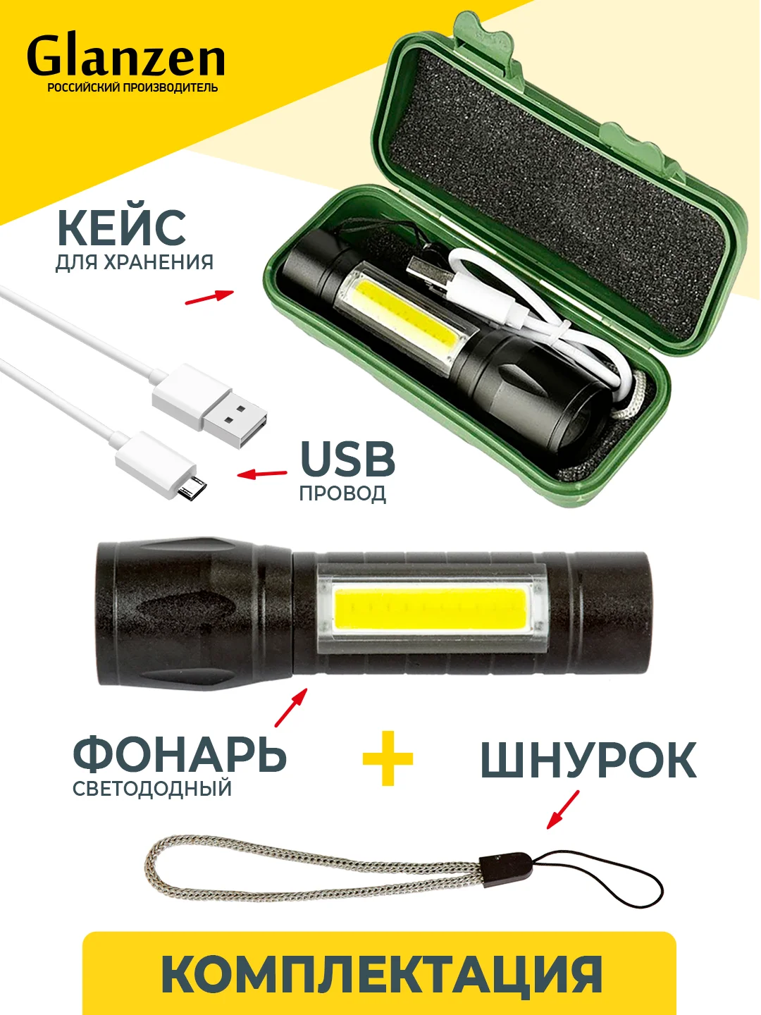 Черный светодиодный ручной аккумуляторный с 3 режимами USB фонарь GLANZEN UFL-0300-511