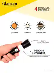 Черный светодиодный ручной аккумуляторный с 4 режимами USB фонарь GLANZEN UFL-0300-03