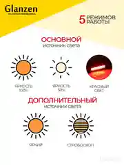 Черный светодиодный многофункциональный аккумуляторный ручной фонарь с 2 реж GLANZEN UFL-0180-05