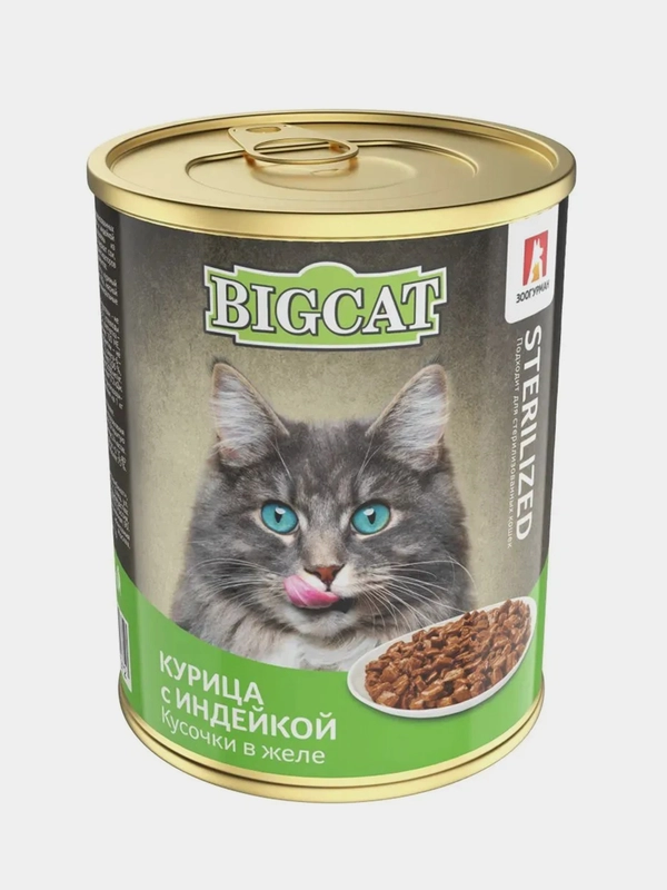 Влажный корм для кошек BIG CAT Sterilized Кусочки в желе, курица с индейкой, 350 г