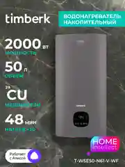Водонагреватель накопительный Timberk T-WSE50-N61-V-WF, 50л, Wi-Fi, серый