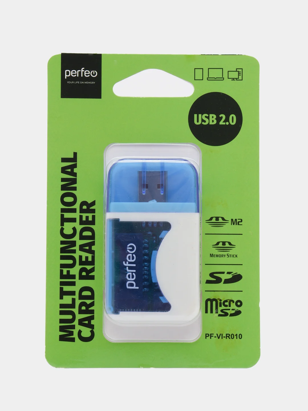 Синий perfeo Card Reader SD/MMC+Micro SD+MS+M2, (PF-VI-R010) цвет зелёный / синий