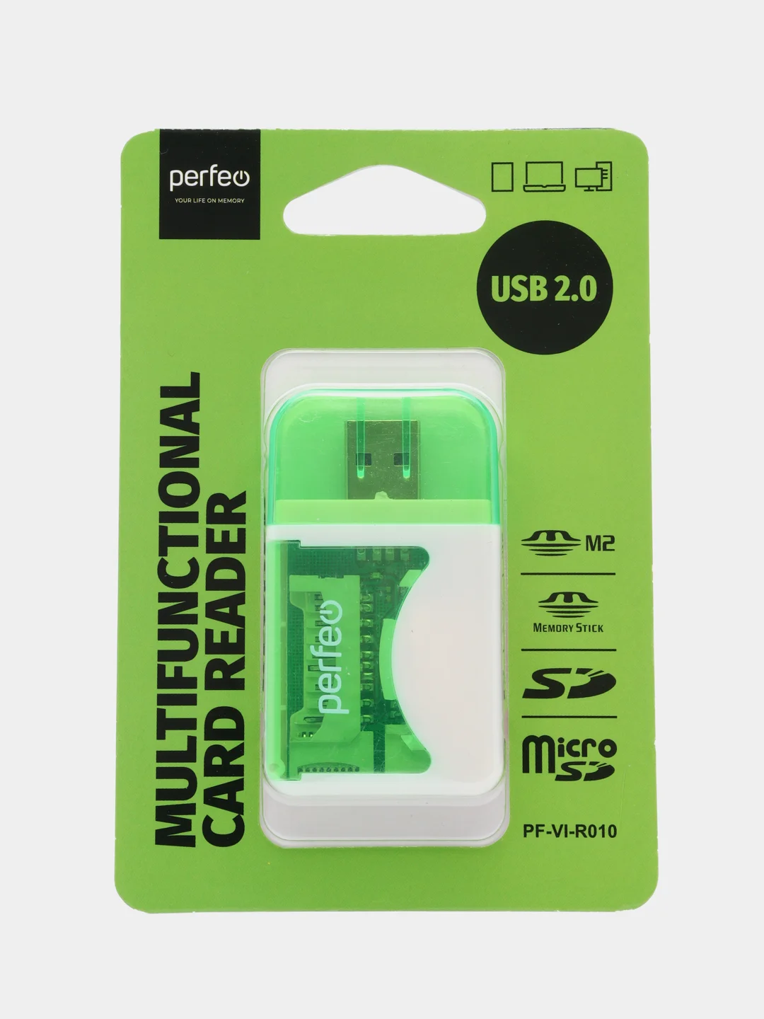 Зеленый perfeo Card Reader SD/MMC+Micro SD+MS+M2, (PF-VI-R010) цвет зелёный / синий