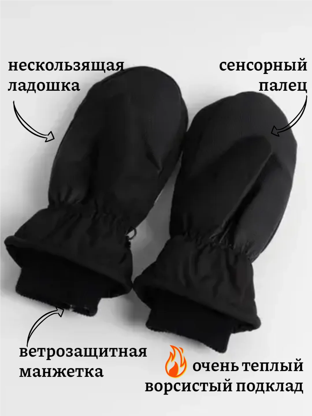 Черный варежки/перчатки зимние, лыжные сенсорные с теплым подкладом