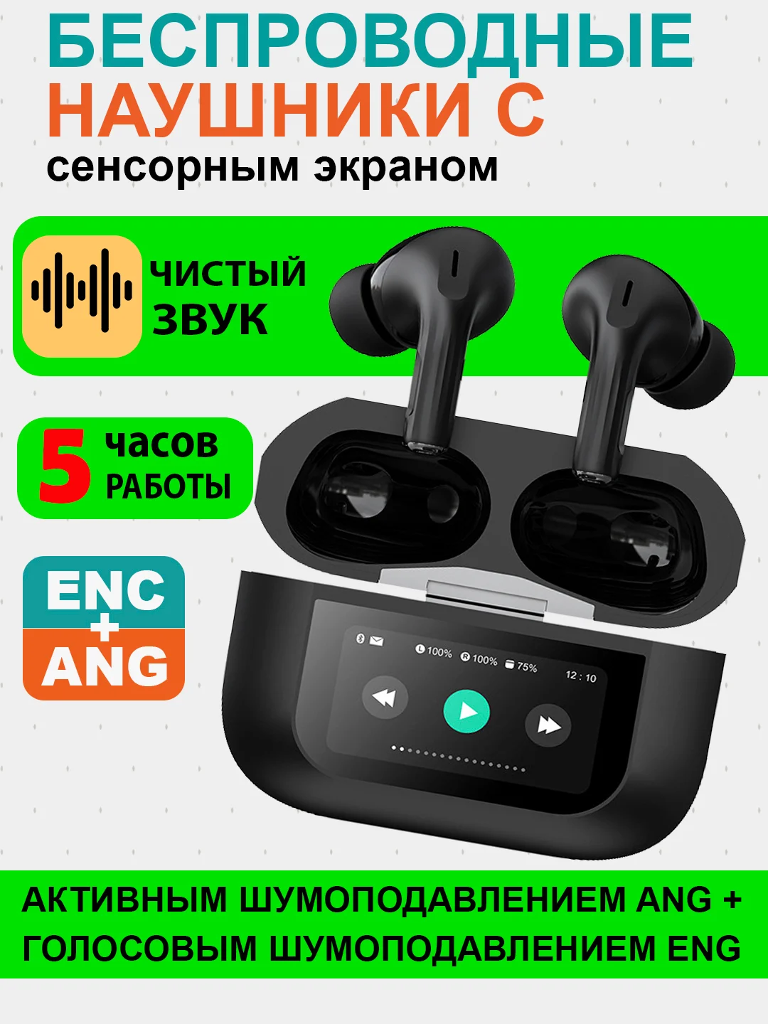 Черный беспроводные наушники AiPods Pro, с шумоподавлением и прозрачностью, с дисплеем, сенсорные