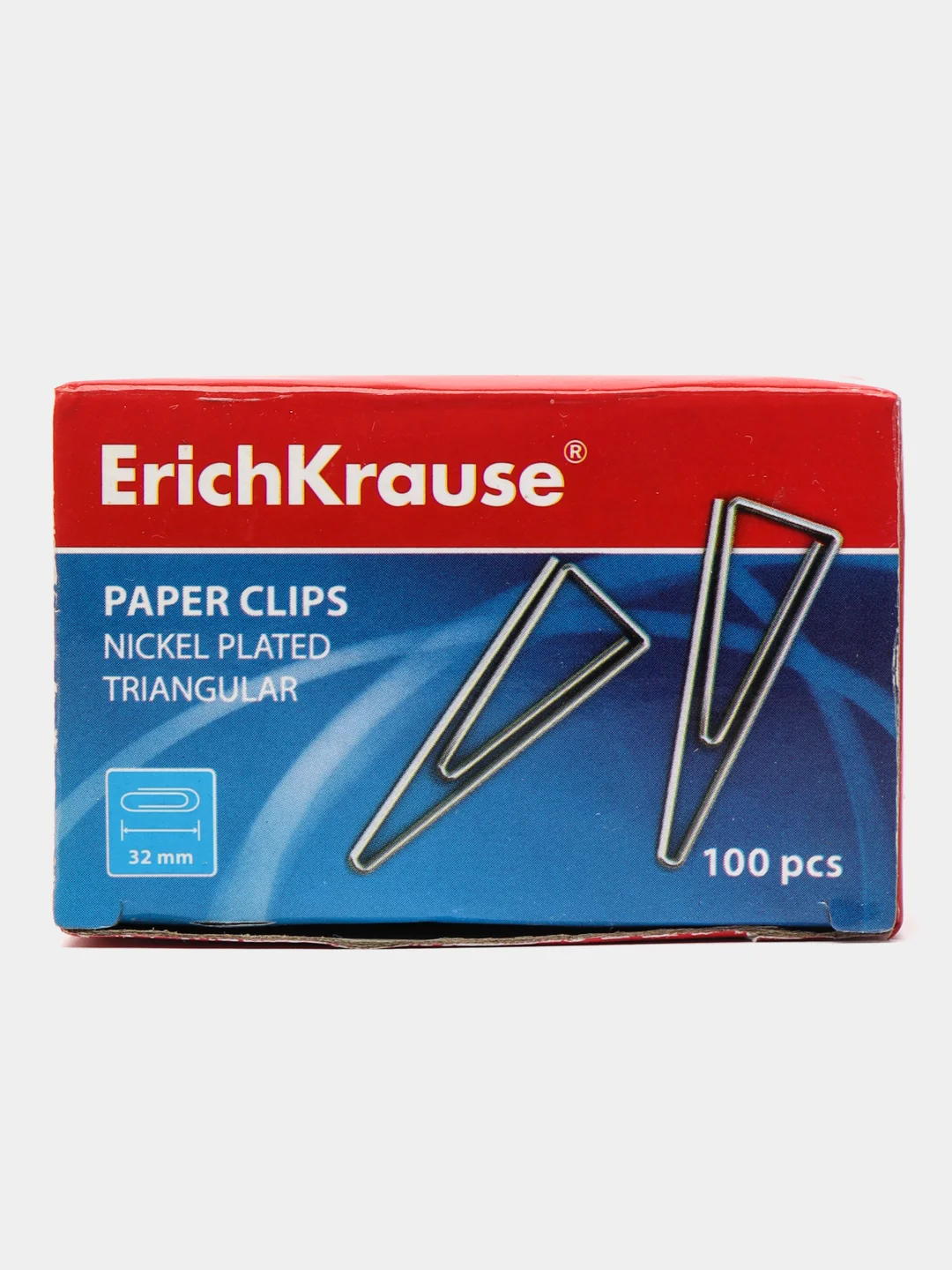 Скрепки Erich Krause, 32 мм, 100 шт, треугольныя, никелированные, цвет серебро