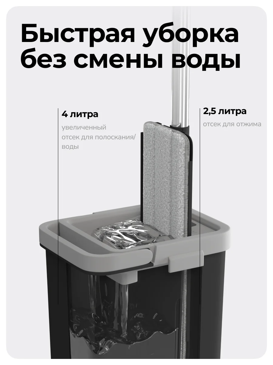Черный швабра с отжимом и ведром S (6,5 л)
