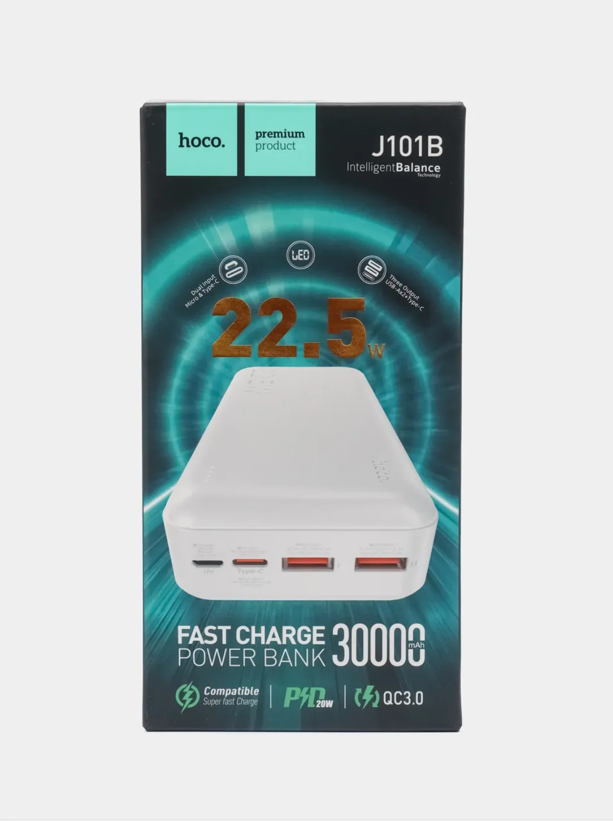 Белый power Bank с поддержкой QC3.0, 22,5 Вт, 100.000/ 90.000/ 80000 / 60000 / 50000 / 30000 мАч