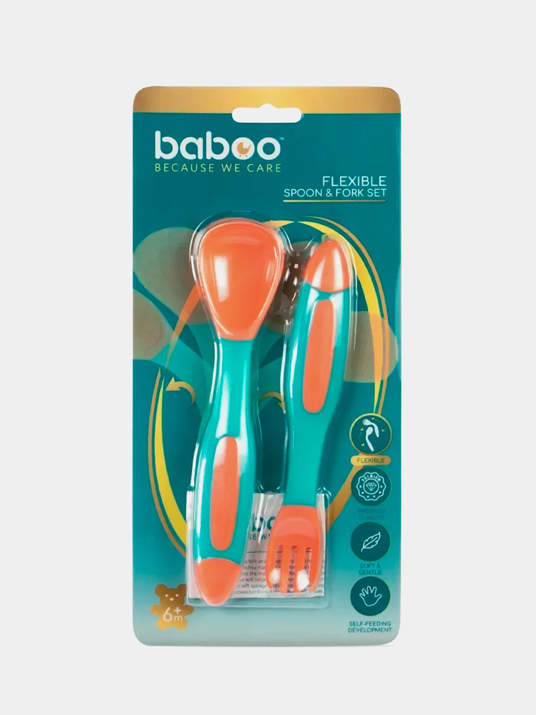 Ложка и вилка BABOO, с гибкой ручкой, коралл/мята, 6+