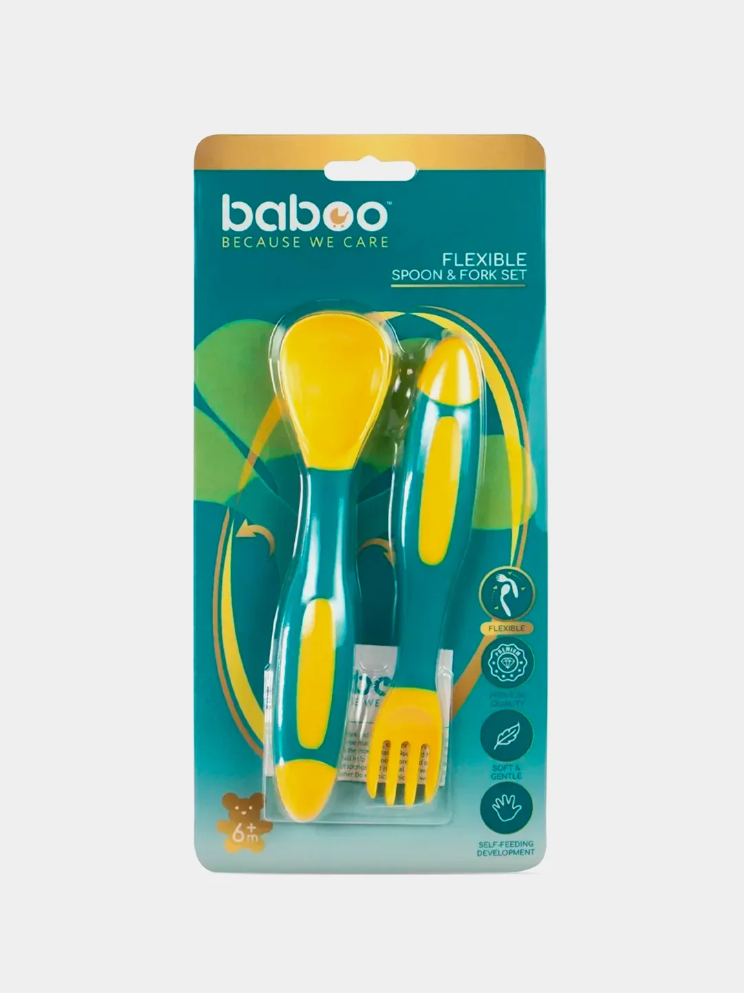 Ложка и вилка BABOO, с гибкой ручкой, желтый/зелен, 6+
