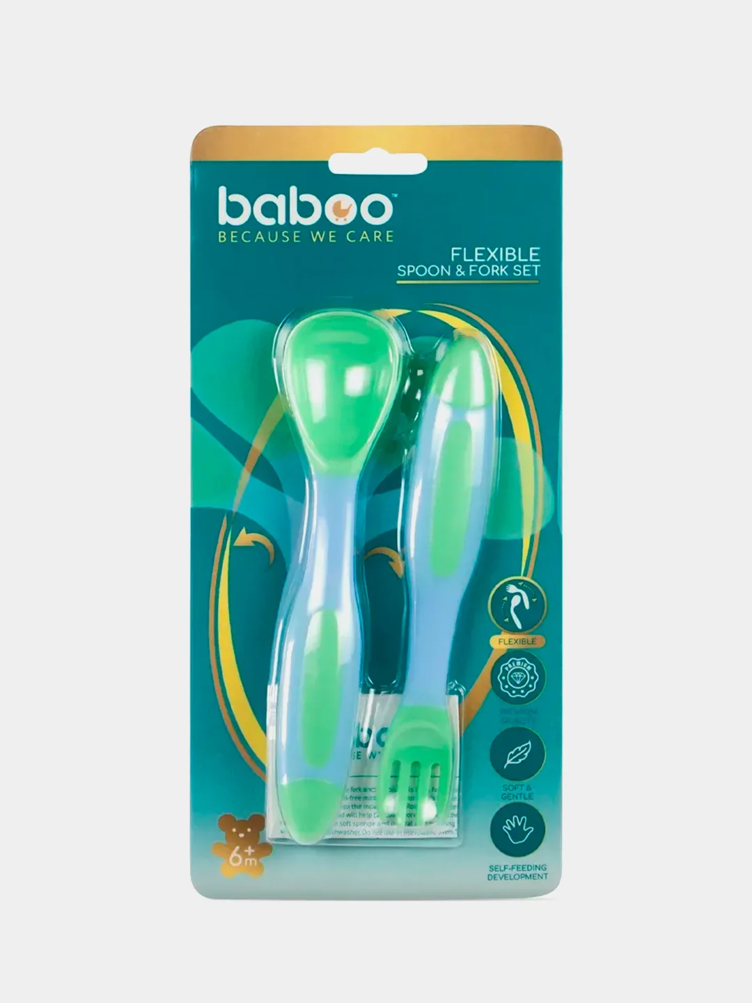 Ложка и вилка BABOO, с гибкой ручкой, мята/ голубой, 6+
