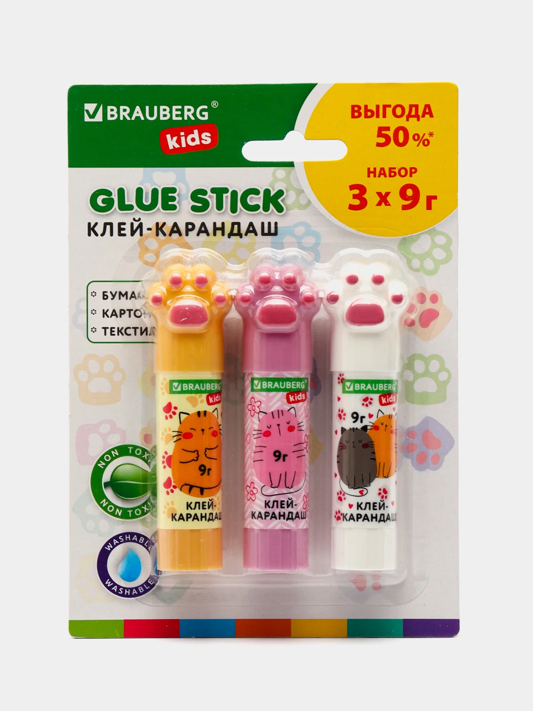 Клей карандаш Brauberg Kids, 271982, для бумаги и картона, набор Лапки 3 шт для школы