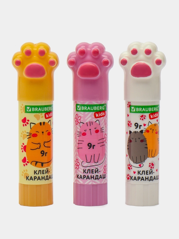 Клей карандаш Brauberg Kids, 271982, для бумаги и картона, набор Лапки 3 шт для школы