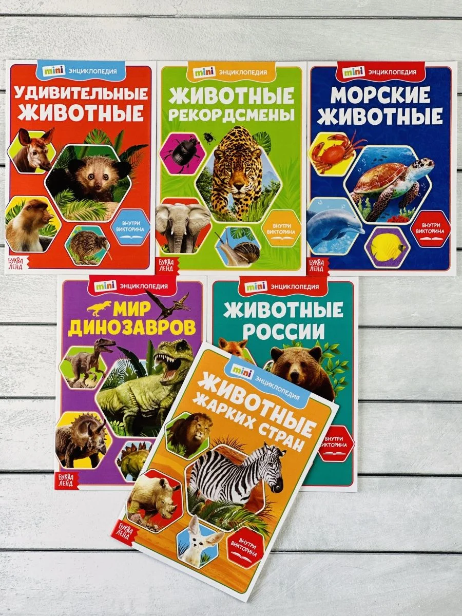 Мини энциклопедия набор 6шт Животные Звери Динозавр Акула